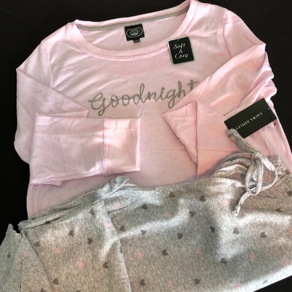 LAURA ASHLEY 2 Pc Valentine "Goodnight" Pink/Gray Pajamas - Picture 2 of 7